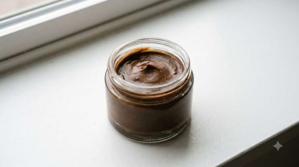 A small elegant glass jar filled with the finished coffee and rice night balm showcasing its creamy rich texture The jar