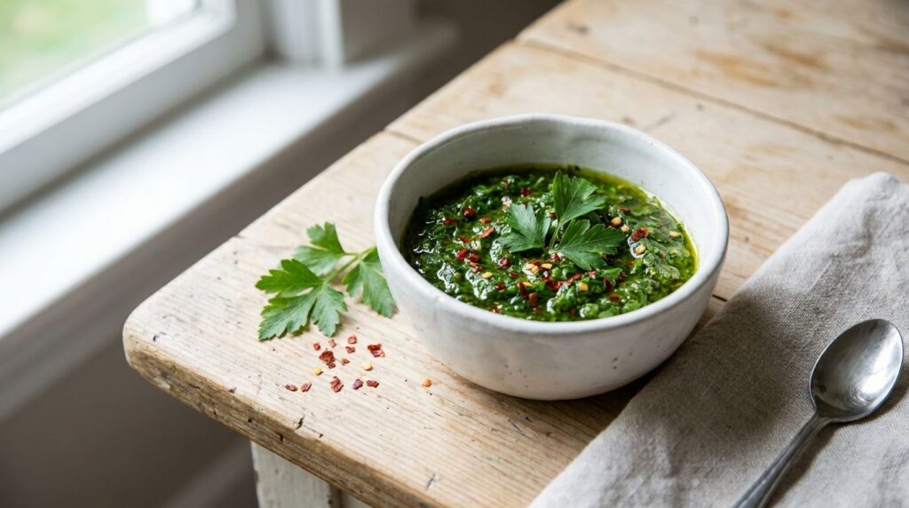 A vibrant green chimichurri sauce in a small bowl garnished with fresh parsley and red pepper flakes