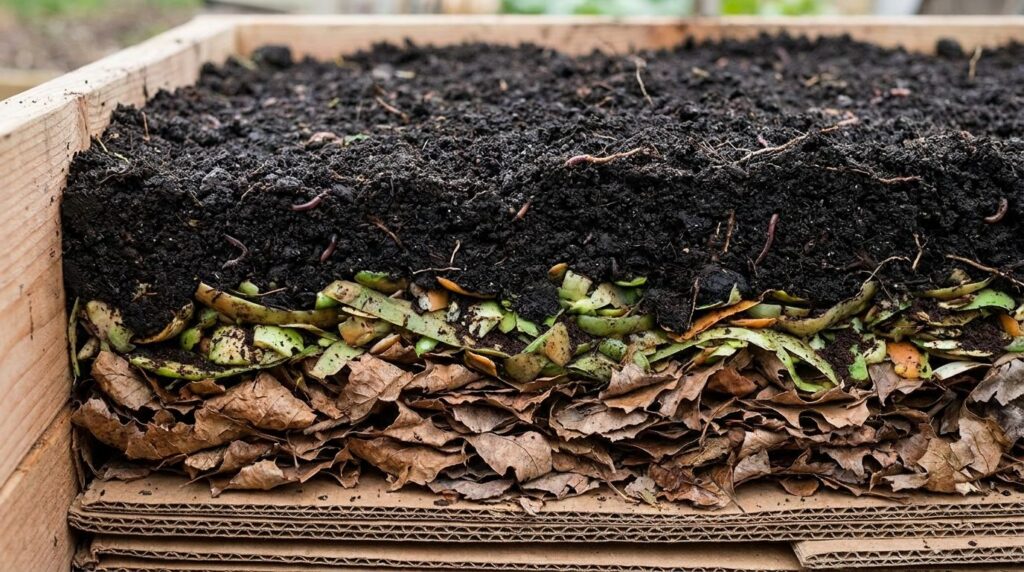 A close-up of different layers within a lasagna garden bed cardboard dry leaves kitchen scraps and a final layer of rich