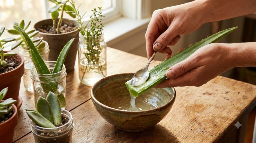 Close-up of fresh aloe vera gel being scooped from a leaf into a small bowl next to several plant cuttings ready for pro