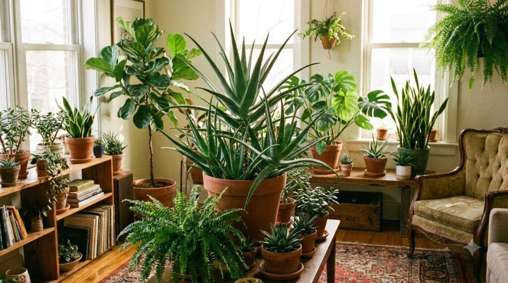 Healthy vibrant potted plants thriving with an aloe vera plant in the background illustrating general plant health benef