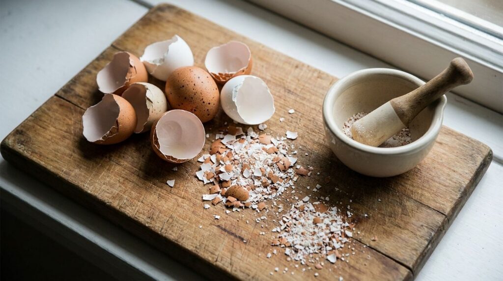 Close-up of crushed eggshells some whole being prepared for fertilizer A mortar and pestle or food processor is visible 