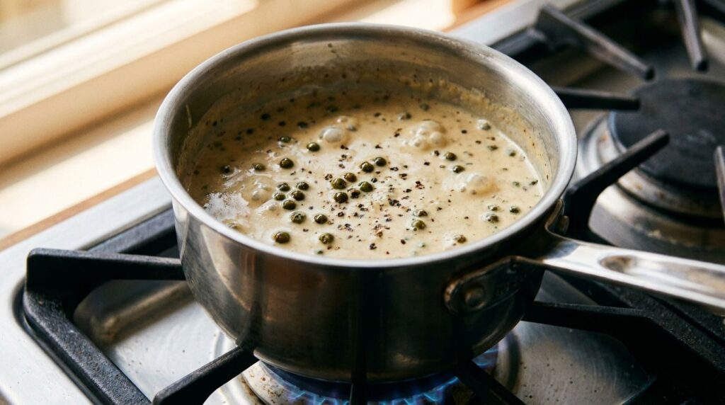 A small saucepan on a stove with peppercorn sauce simmering showing green peppercorns and a creamy texture