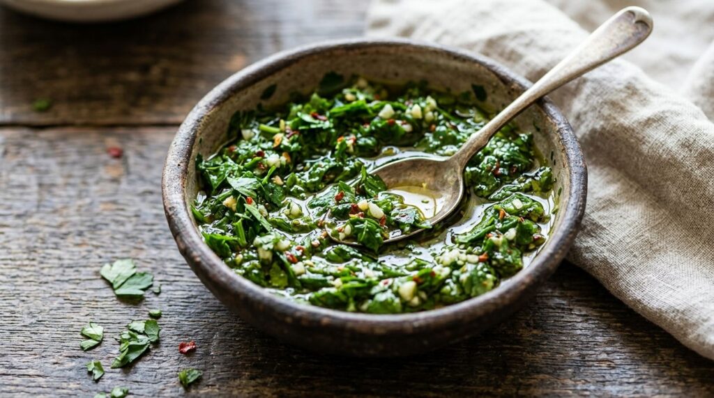 A vibrant green bowl of fresh chimichurri sauce with visible herbs and red pepper flakes