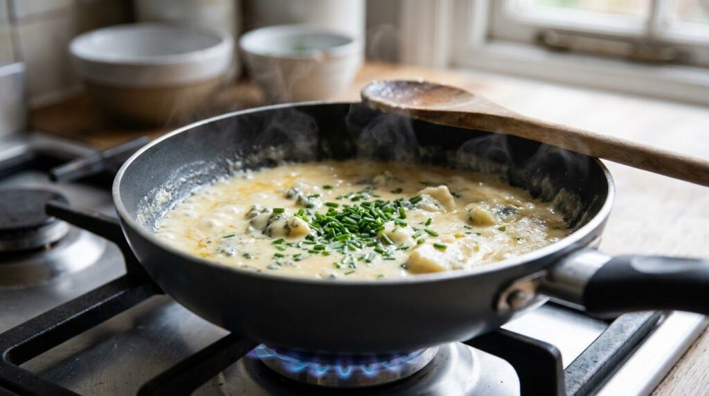 A creamy blue cheese sauce bubbling gently in a small saucepan garnished with chives