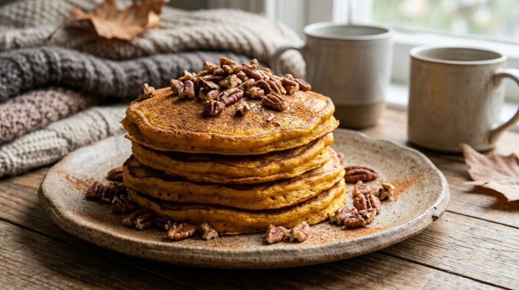 A stack of sweet potato pancakes garnished with pecans and a sprinkle of cinnamon