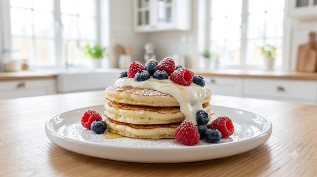 A stack of cottage cheese pancakes with fresh berries and a spoonful of Greek yogurt