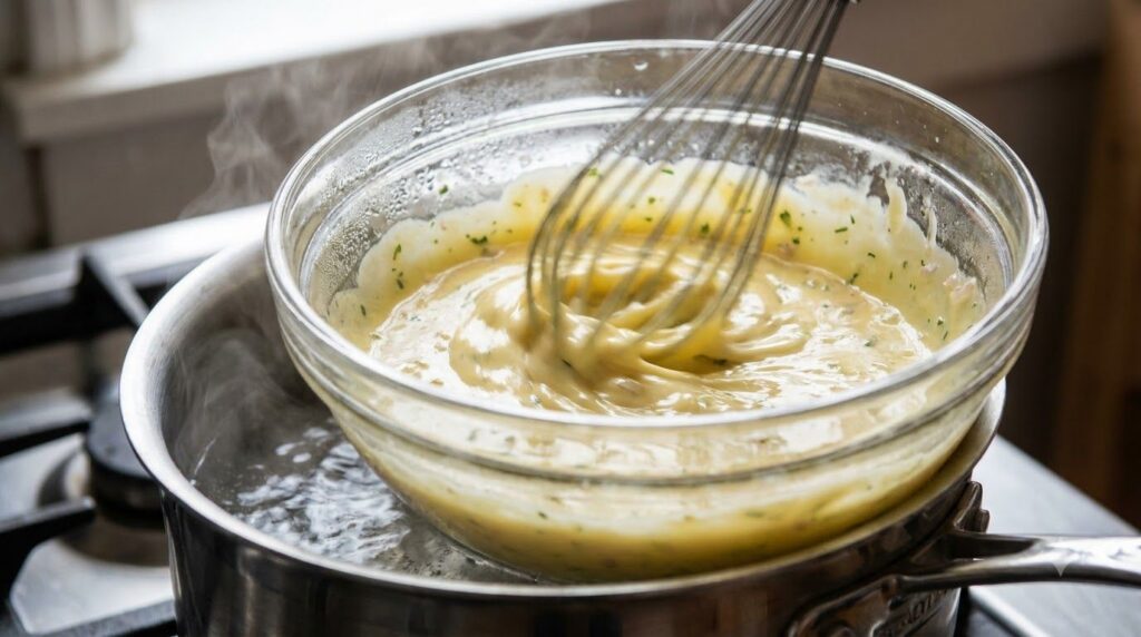 A whisk mixing Béarnaise sauce in a bowl set over a double boiler showing its creamy emulsified texture