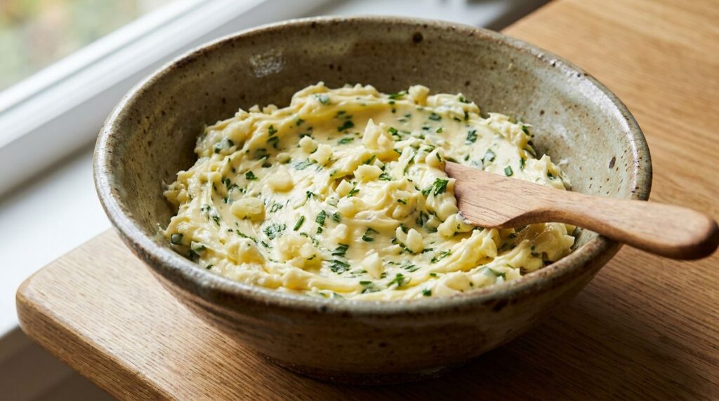 Softened butter mixed with minced garlic and fresh green herbs like parsley and chives in a bowl
