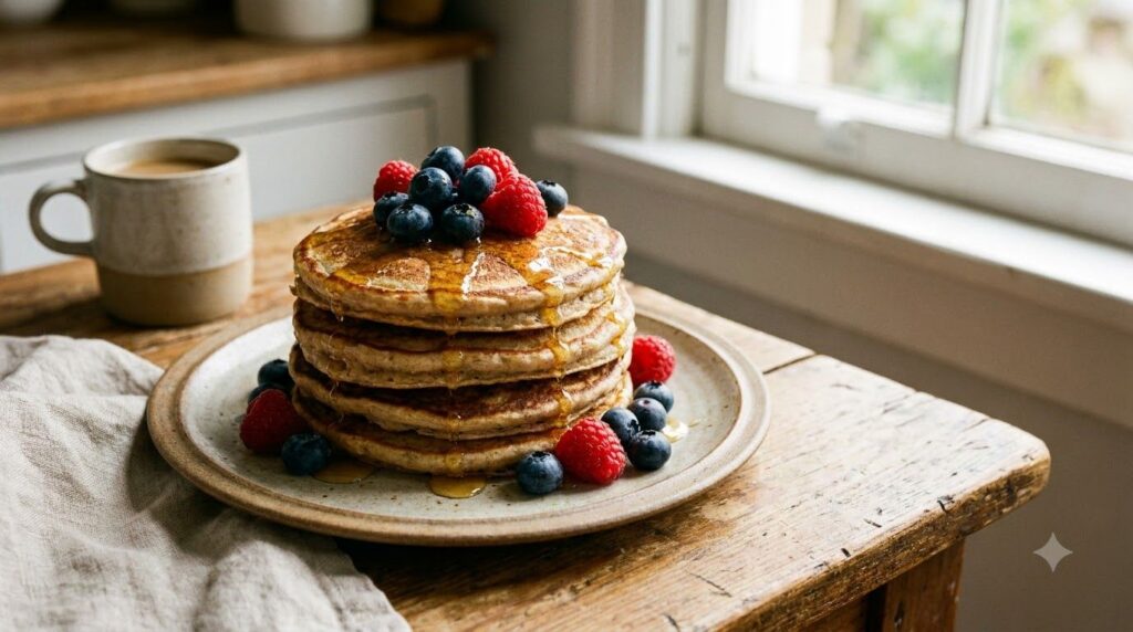 A stack of banana oat pancakes topped with fresh berries and a drizzle of honey on a ceramic plate