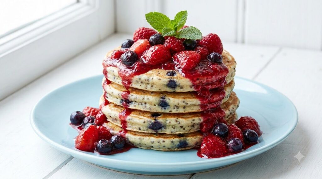 A stack of berry chia seed pancakes with a vibrant berry compote and a sprig of mint