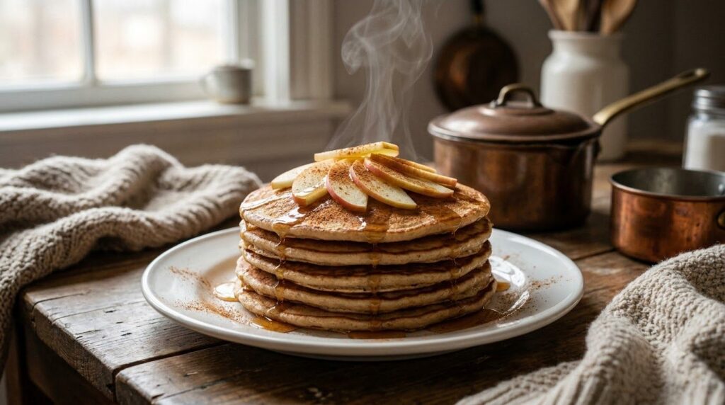 A stack of apple cinnamon pancakes with thinly sliced apples and a dusting of cinnamon sugar
