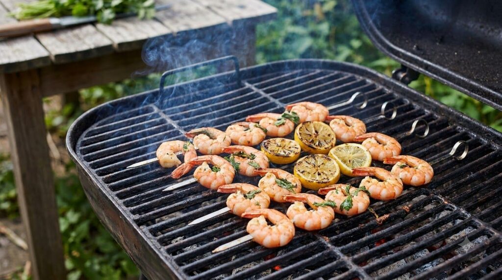 Shrimp skewers grilling on an outdoor grill showing slight char marks and vibrant pink color