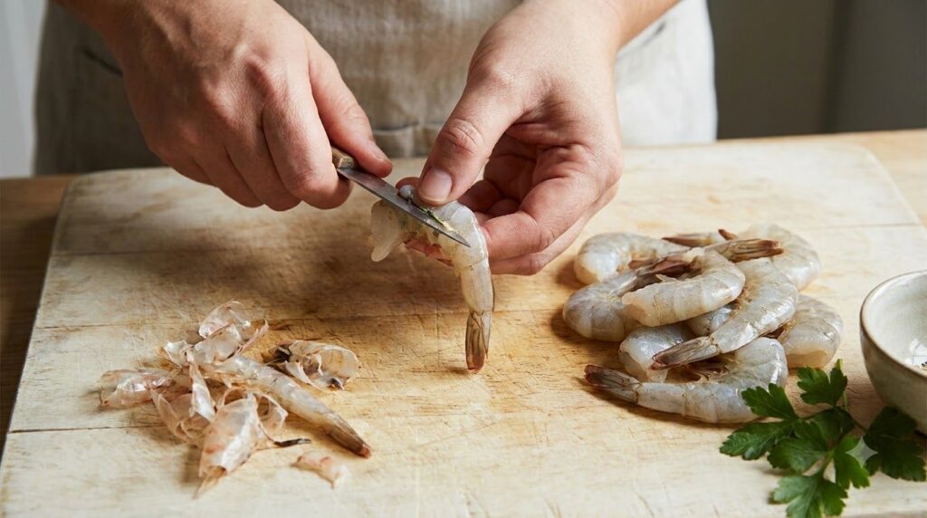 Hands preparing raw shrimp showing the process of peeling and deveining a shrimp on a cutting board
