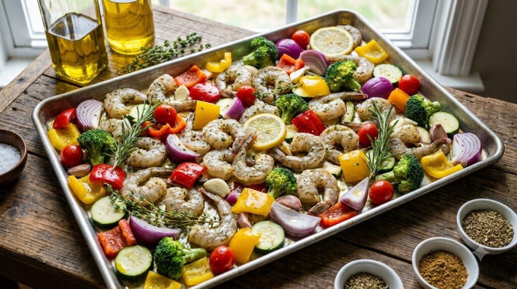 A sheet pan filled with seasoned raw shrimp and colorful vegetables ready for baking