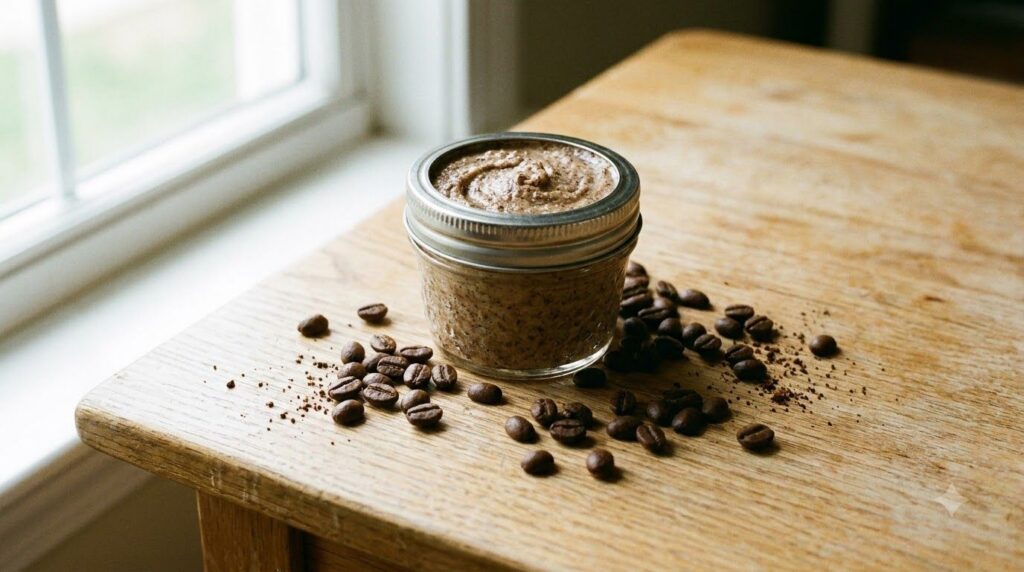 A small jar of Vaseline and coffee scrub with coffee beans scattered around