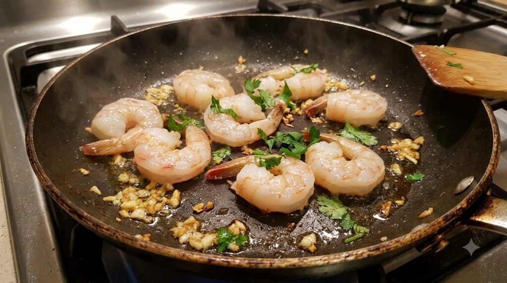 Shrimp cooking in a hot skillet with garlic and herbs showing the shrimp turning pink and opaque