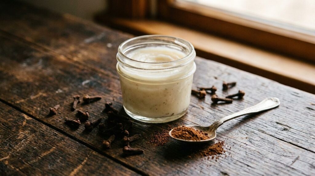 A small jar of Vaseline and clove mix with whole cloves and clove powder nearby