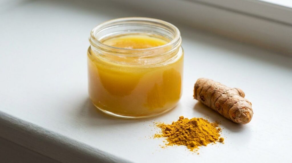 A small jar of Vaseline and turmeric paste with turmeric powder and root nearby