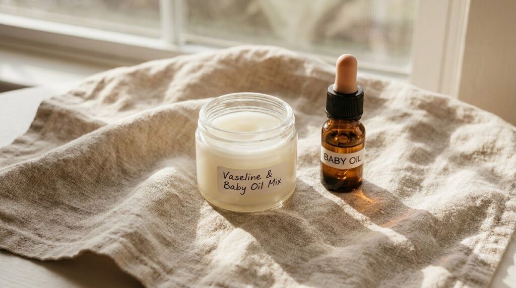 A small container of Vaseline and baby oil mix with a dropper bottle of baby oil next to it