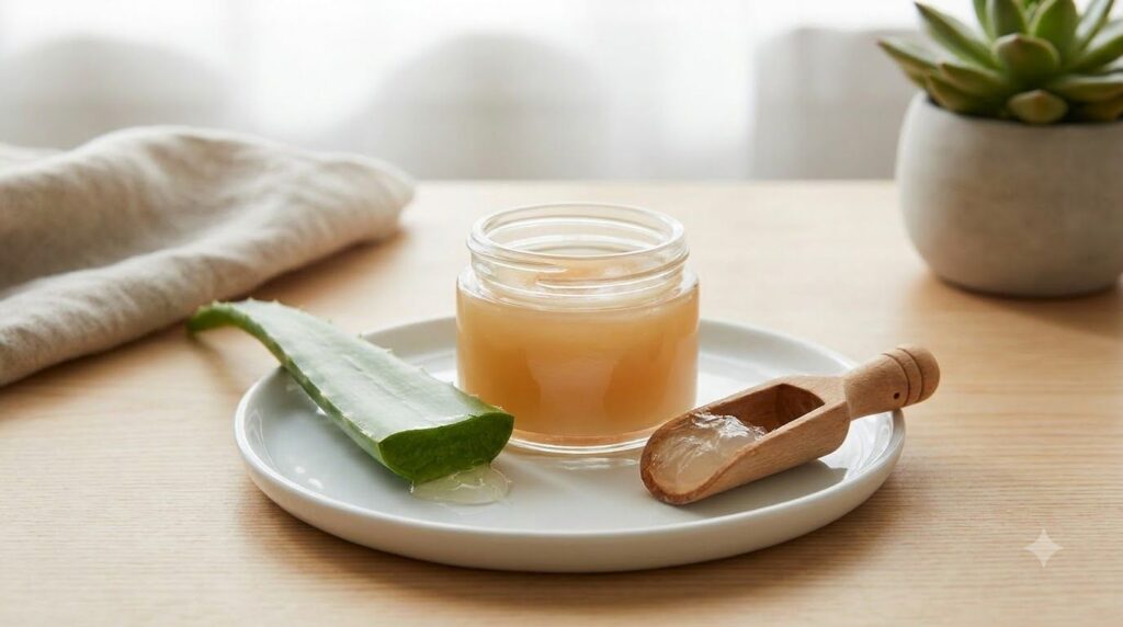A small jar of Vaseline and aloe vera gel mix with an aloe vera leaf and gel scoop nearby