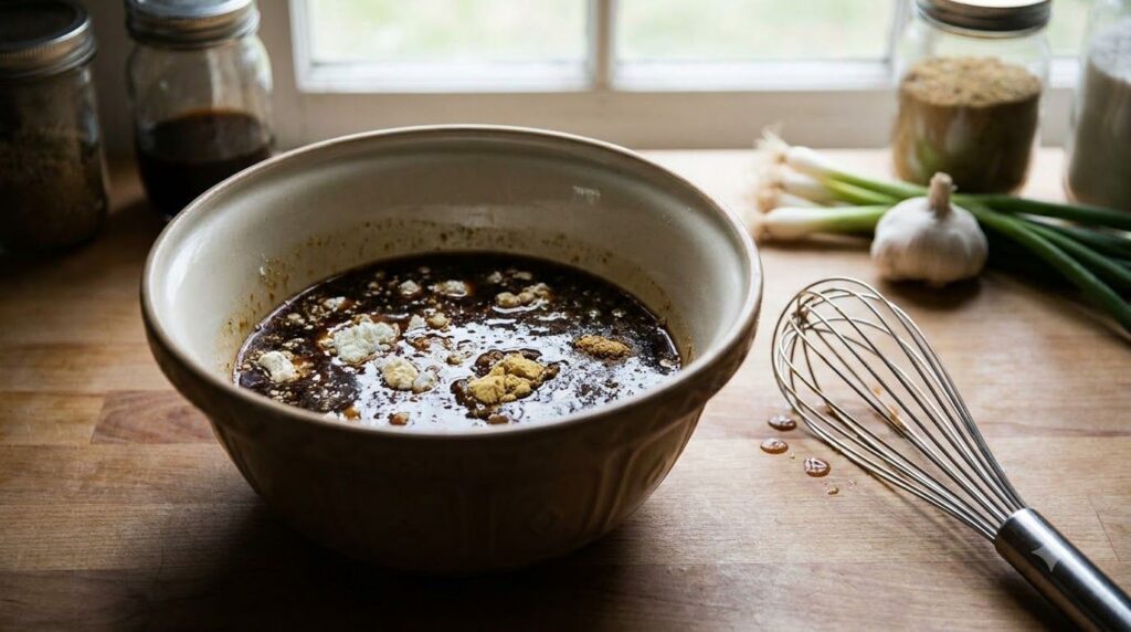 A bowl with all the liquid and powdered ingredients for the base stir-fry sauce ready to be whisked