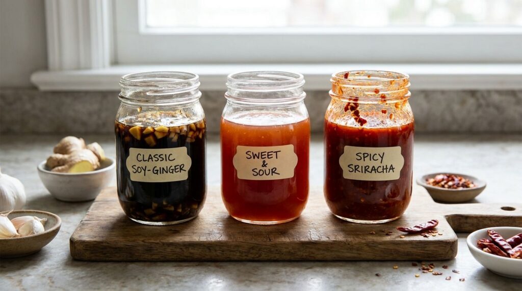 Three jars of different homemade stir-fry sauces clearly labeled with their flavor profiles such as Classic Soy-Ginger S