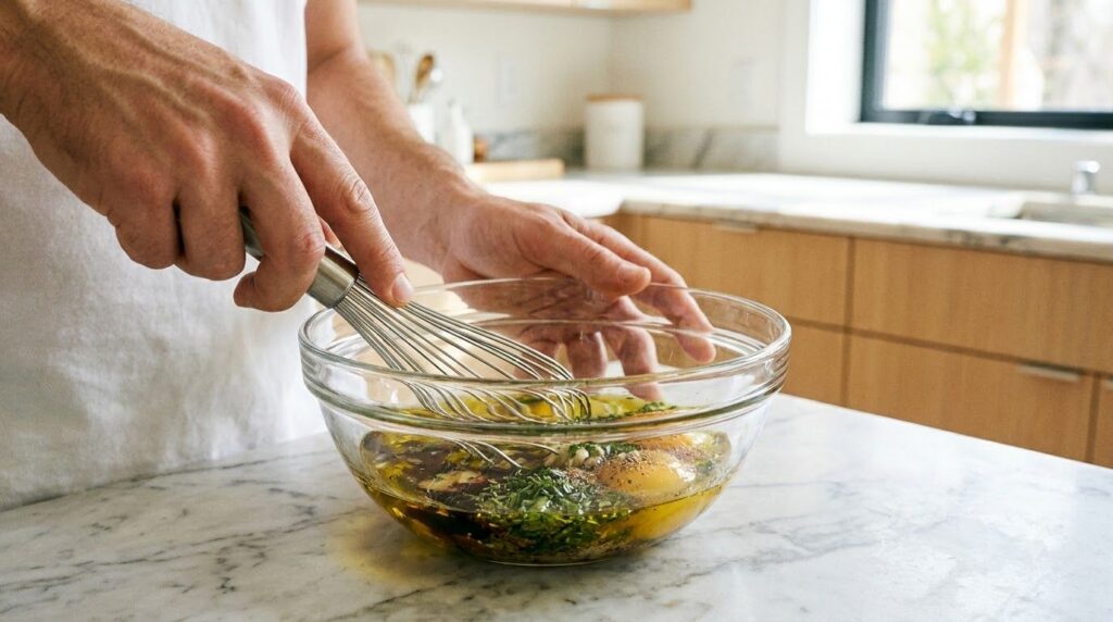 A person s hands whisking ingredients for a marinade in a glass bowl