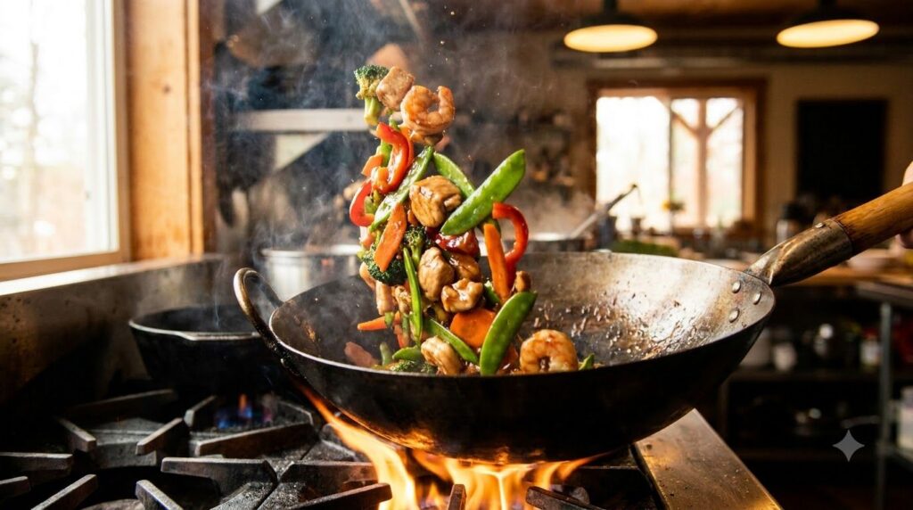 A vibrant stir-fry dish with colorful vegetables and protein glistening with sauce being tossed in a wok