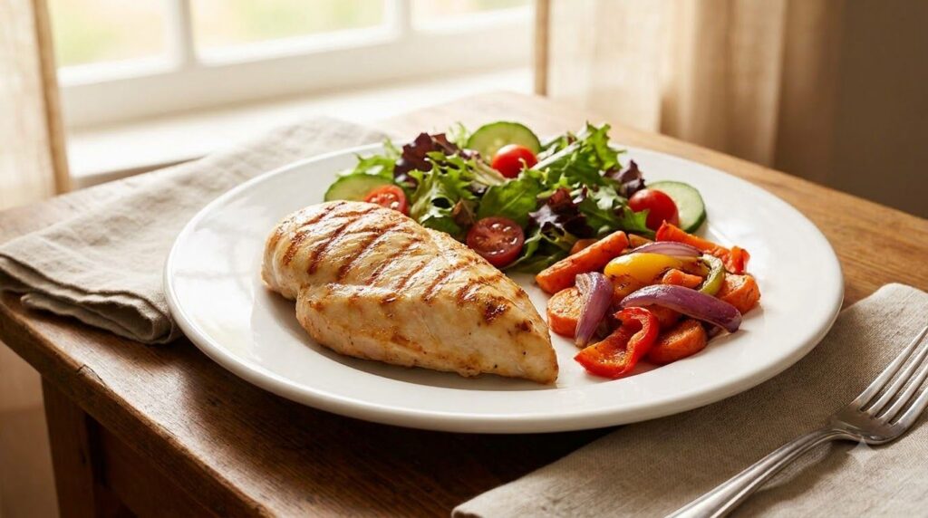Cooked grilled chicken breast served alongside a colorful salad and roasted vegetables
