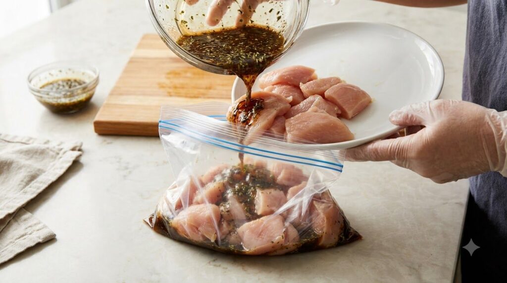 Marinated chicken pieces being placed into a resealable plastic bag
