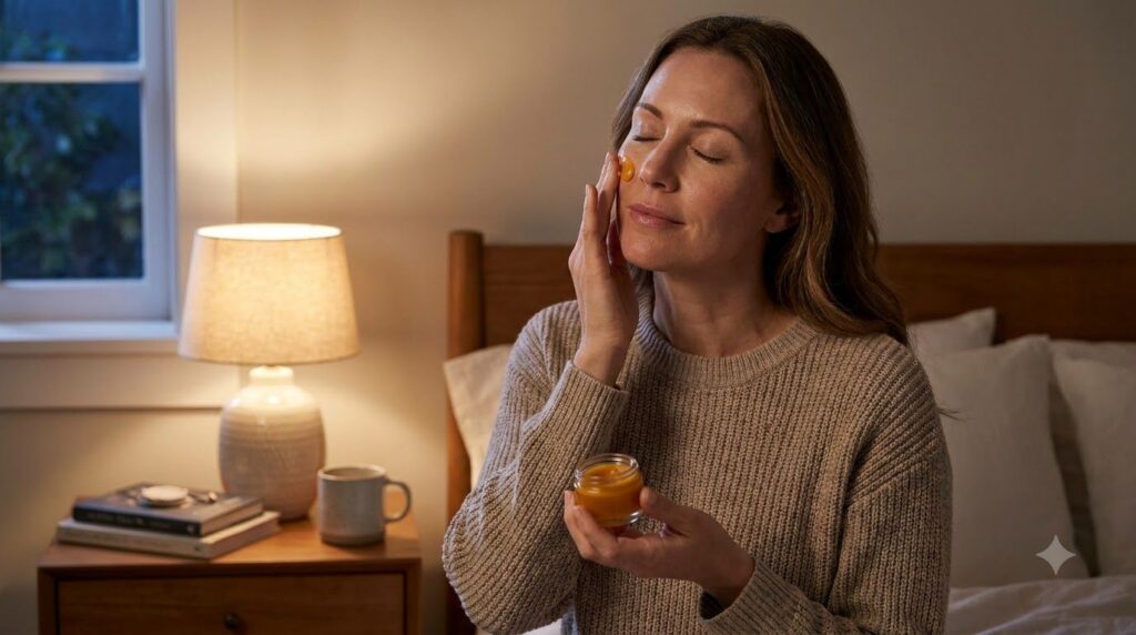 Woman applying homemade night balm to her face before bed