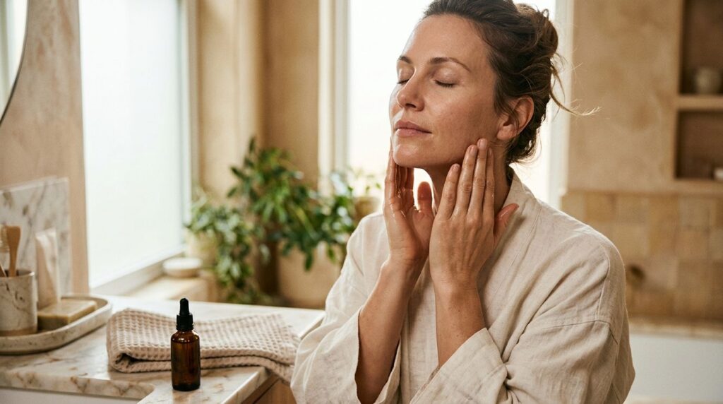 A woman gently massaging a natural oil onto her face and neck with closed eyes soft lighting showcasing radiant healthy 