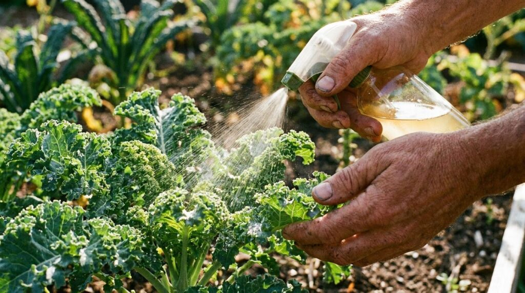 A gardener gently spraying a natural pest control solution like neem oil or soap spray onto the leaves of a vegetable pl