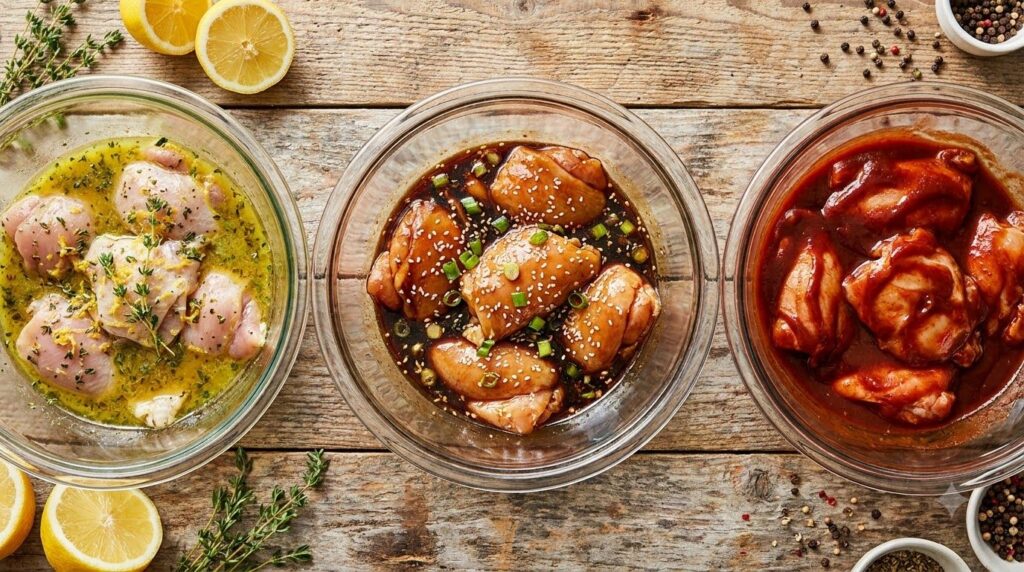 Various bowls of raw chicken pieces marinating in different sauces like lemon-herb teriyaki and BBQ arranged neatly