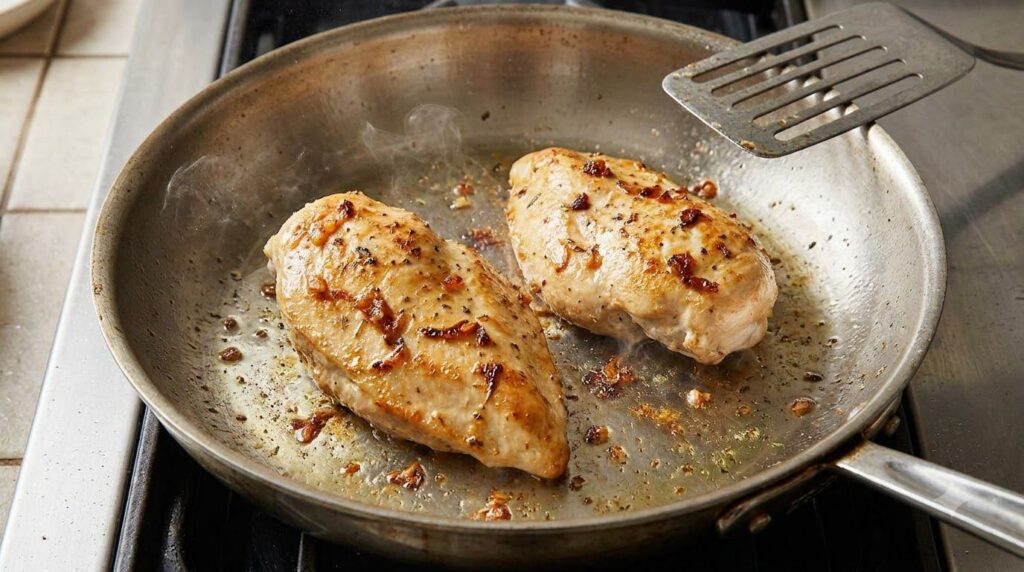 A close-up of boneless chicken breasts searing in a hot skillet golden brown on one side