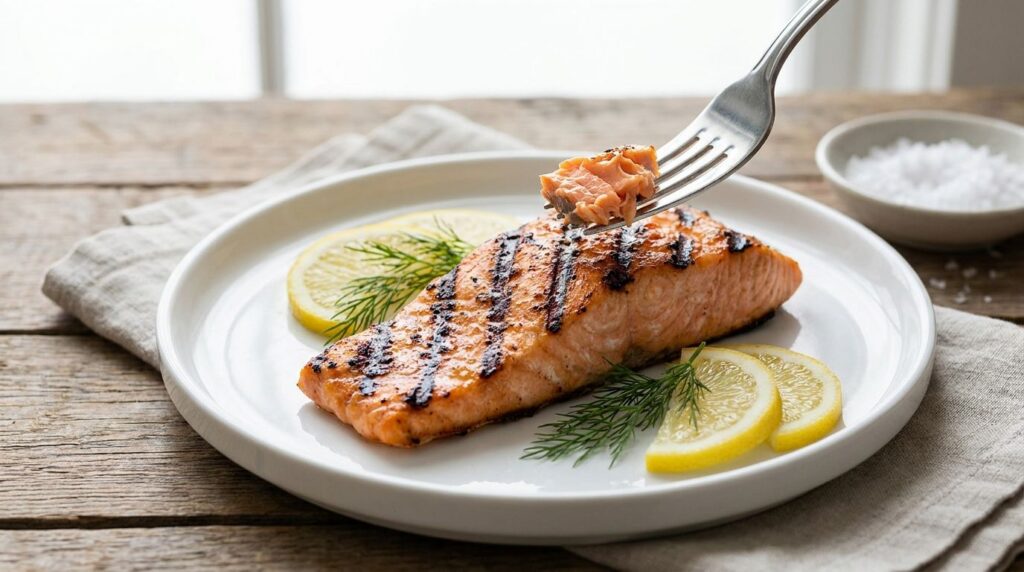 Perfectly grilled salmon fillets flaking gently with a fork garnished with fresh lemon slices and dill