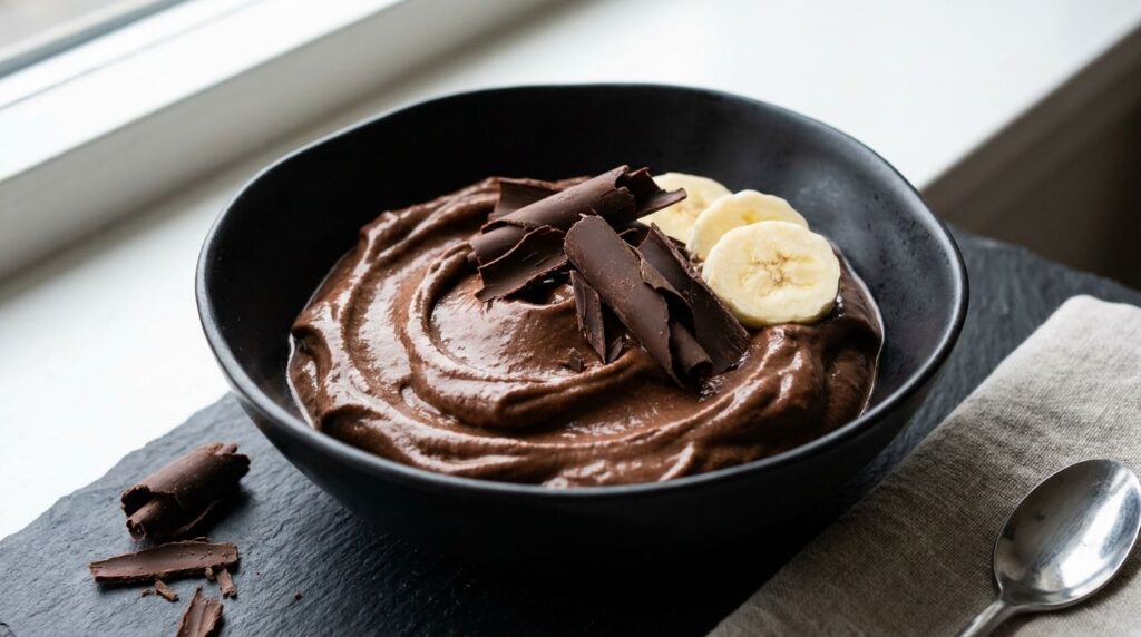 A rich creamy chocolate banana nice cream in a bowl topped with chocolate shavings or a drizzle of chocolate sauce
