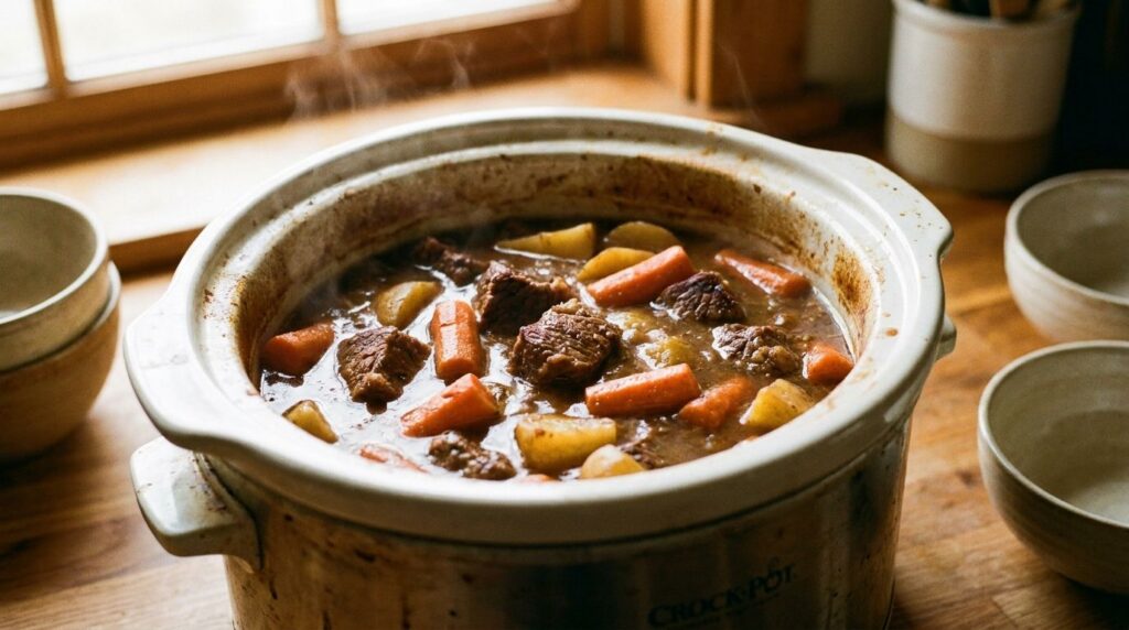 A slow cooker filled with a rich bubbling beef stew with visible chunks of beef carrots and potatoes ready to serve