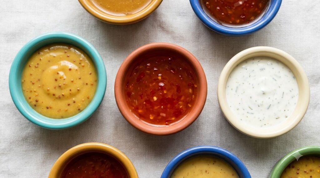 A selection of small colorful dipping sauces for wings or shrimp such as honey mustard sweet chili and ranch in individu