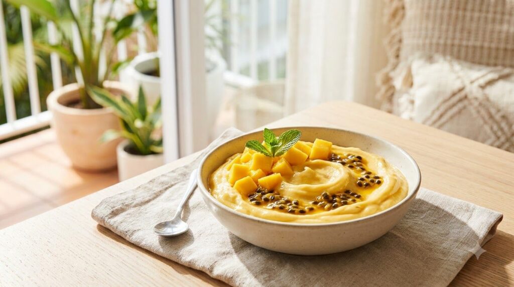 A vibrant sunny bowl of tropical mango passion fruit nice cream garnished with fresh mango cubes and a spoon of passion 