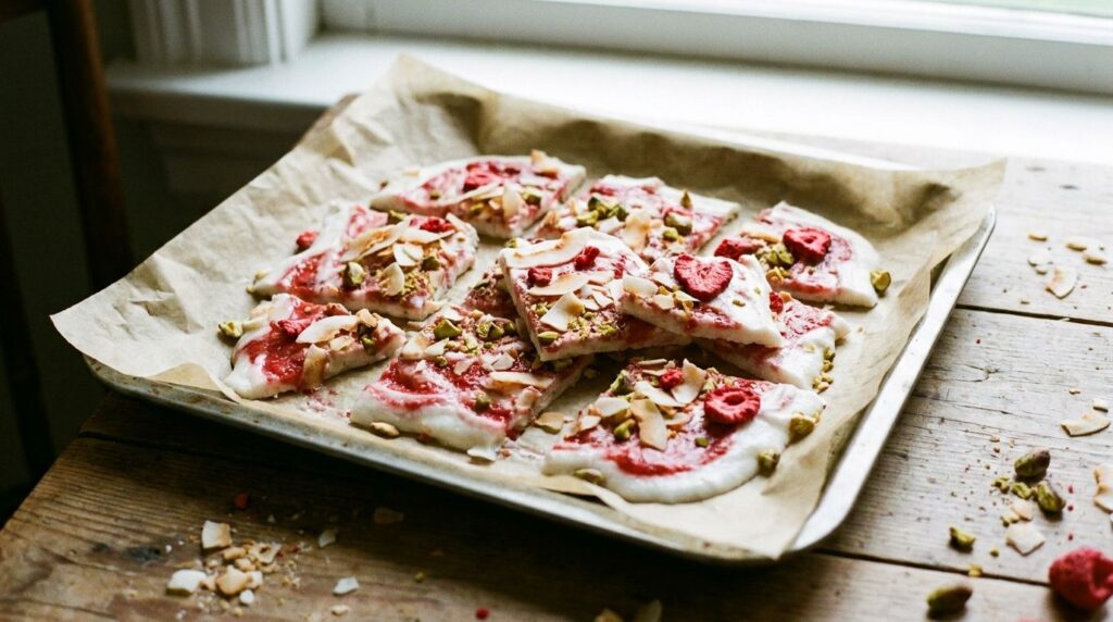 A colorful sheet of frozen coconut yogurt bark with strawberry swirls broken into irregular pieces on a parchment-lined 