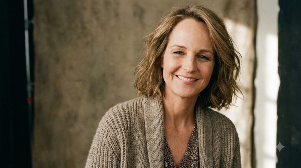 A captivating portrait of Helen Hunt from the 1990s smiling warmly embodying her rom-com queen persona