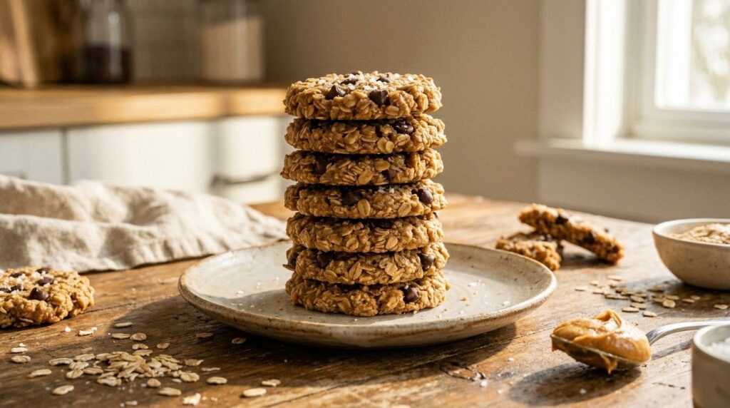 A stack of healthy no-bake peanut butter oatmeal cookies on a small plate with some loose oats and peanut butter in the 