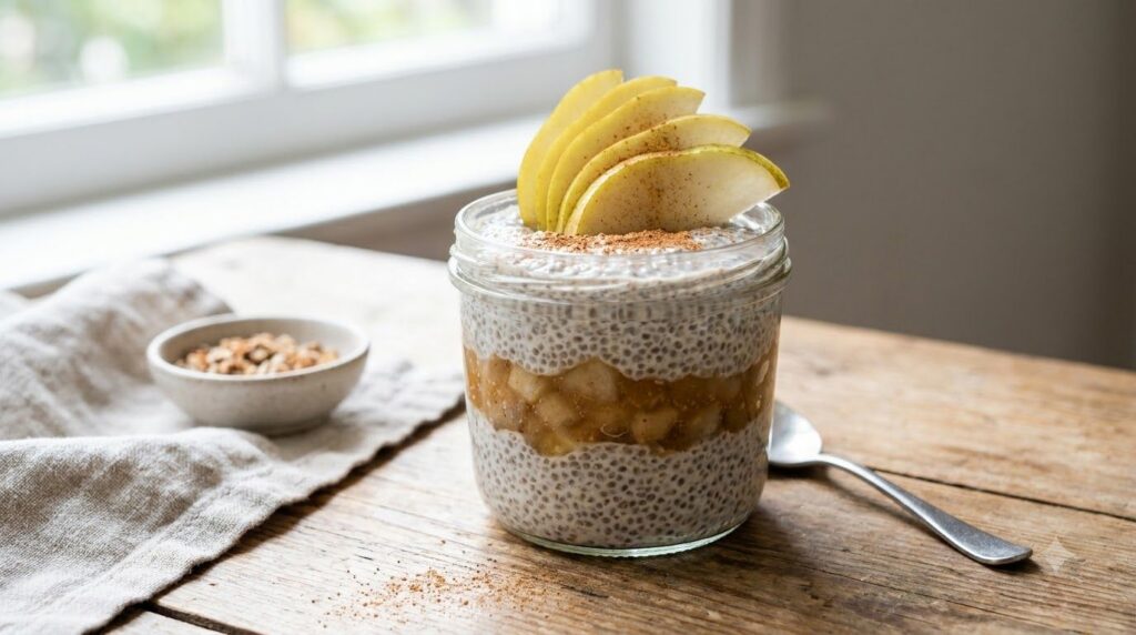 A jar of spiced pear and ginger chia pudding layered with pear compote topped with a slice of fresh pear and a sprinkle 