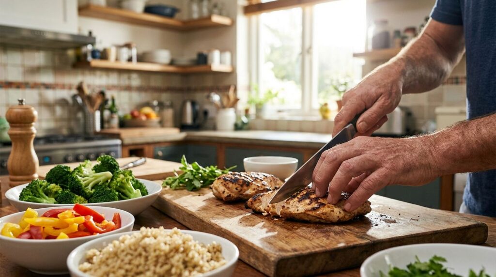 A person preparing a healthy meal with various protein sources such as grilled chicken quinoa and vegetables on a cuttin