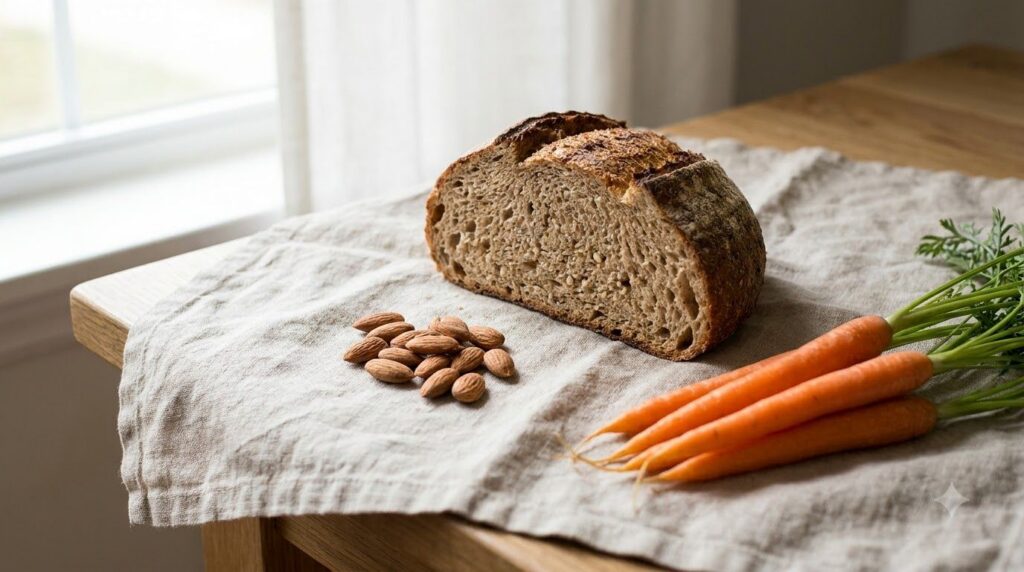 A slice of whole wheat bread with a handful of almonds and some raw carrots representing insoluble fiber sources