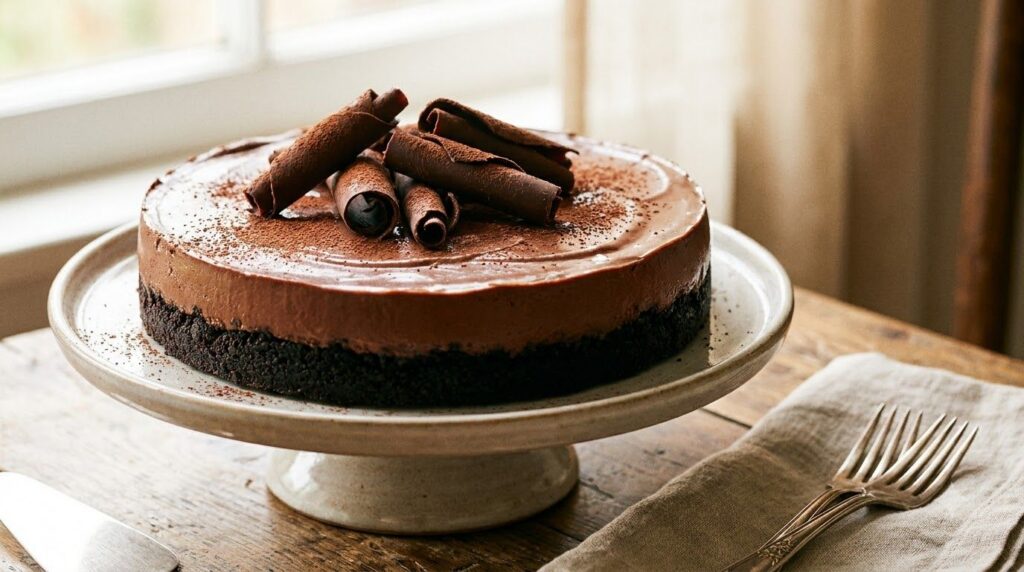 A whole no-bake chocolate cheesecake with a crumbly chocolate crust and a light airy chocolate mousse-like filling garni