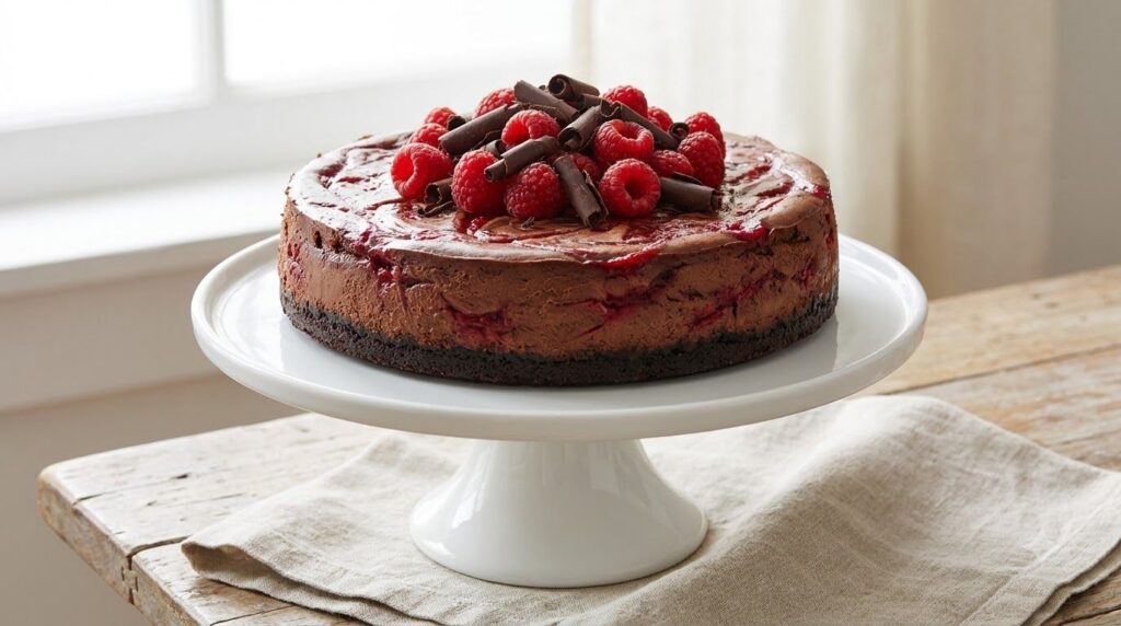 A beautiful chocolate raspberry cheesecake featuring a rich chocolate base swirled with vibrant raspberry puree garnishe