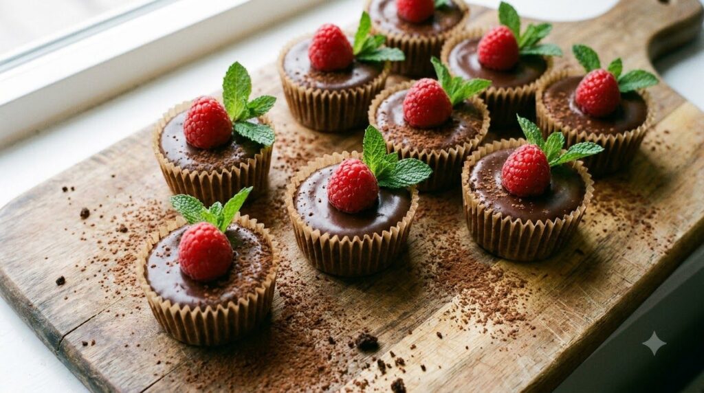 Several mini chocolate cheesecakes in cupcake liners each topped with a raspberry and a small mint leaf arranged on a se